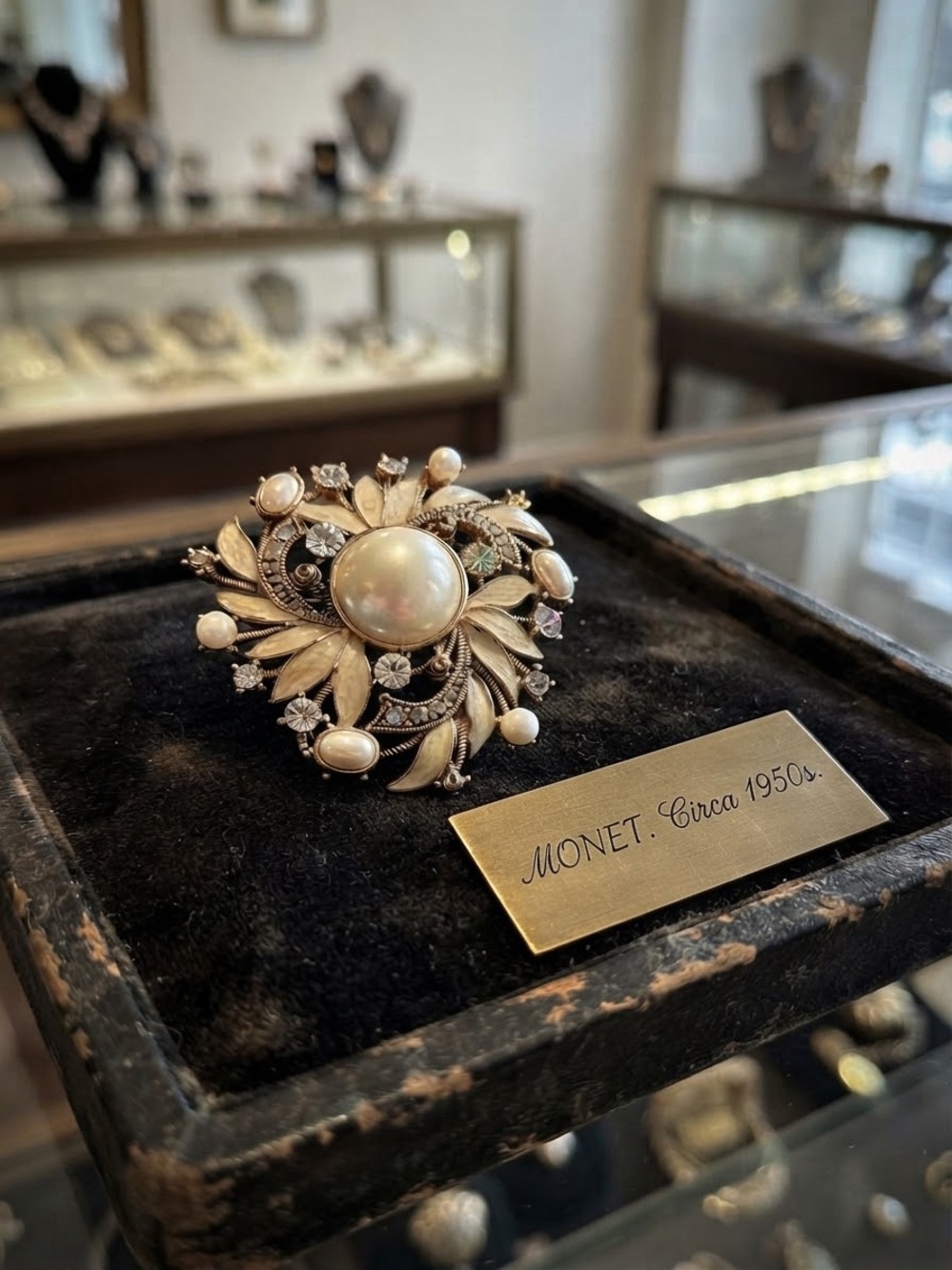 Monet Gold Tone Floral Brooch with Cream Pearls 1950